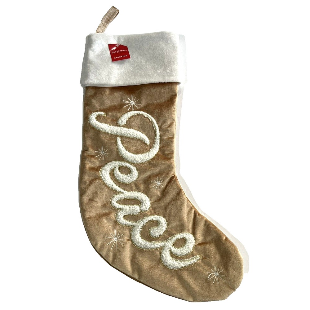 Wondershop Gold and white PEACE  Xmas stocking 20" Christmas Decor New